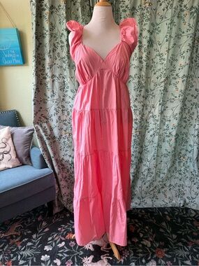 Modcloth Pink Ruffle-Shoulder Tiered Maxi Dress